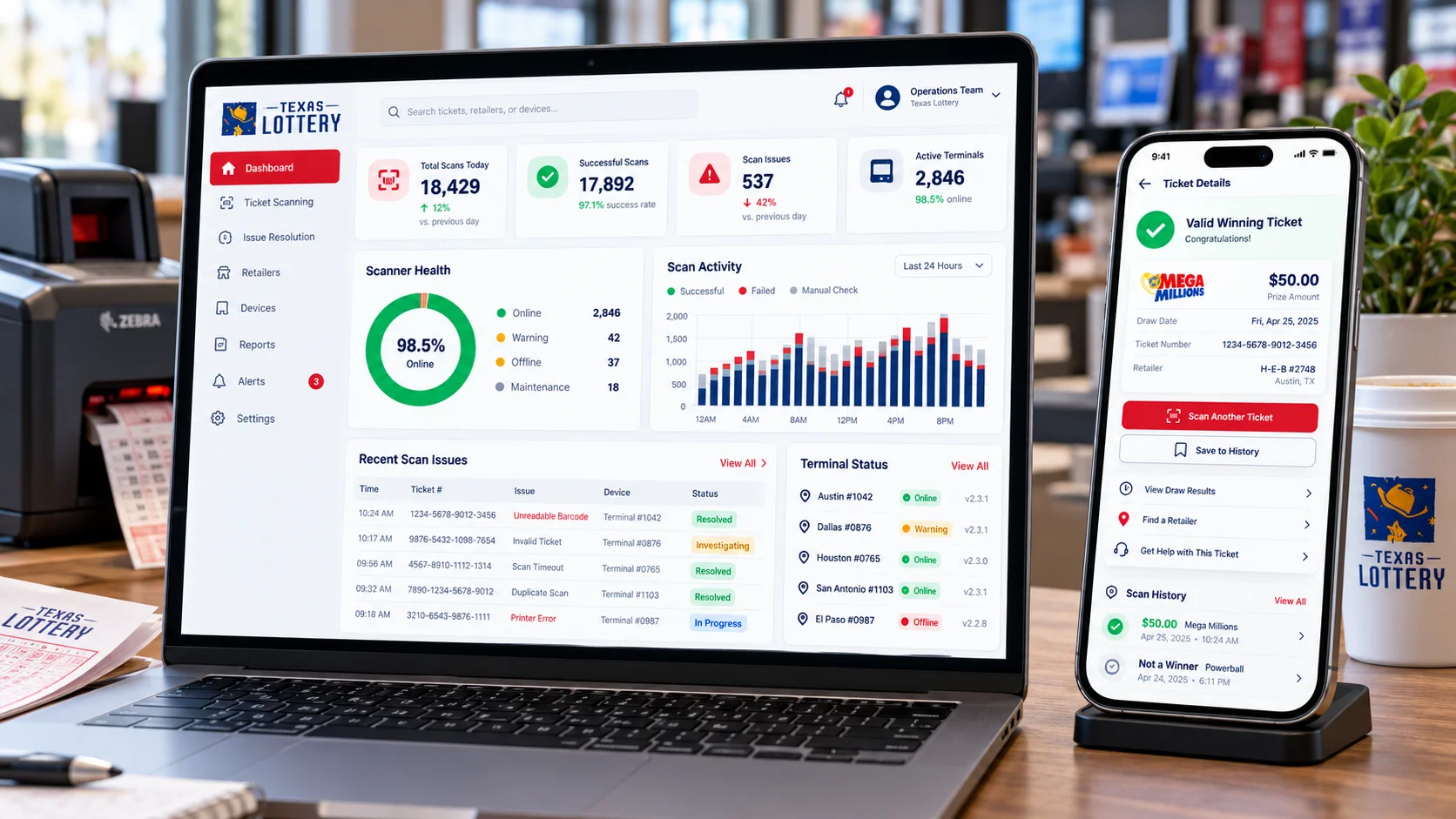 Resolved Ticket Scanner Failures & Optimized Operations for Texas Lottery App